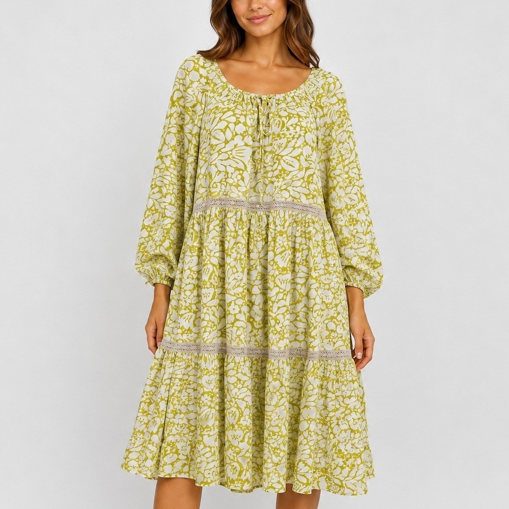 Anthropologie Mini Dress Green Floral Tiered Boho Peasant Cottagecore Festival M